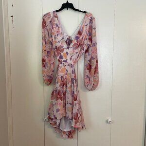 Medium Lush Cinched Waist Pink Floral Open Back Long Sleeve Dress